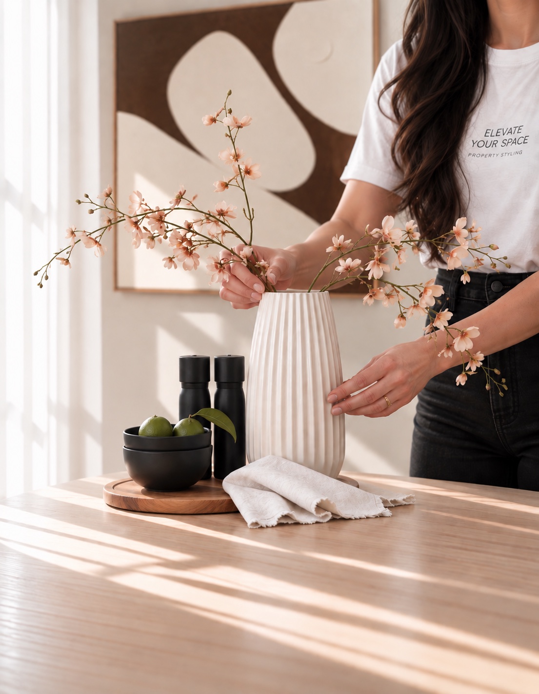 Property stylist arranging pink flowers on a dining table for a Melbourne home sale