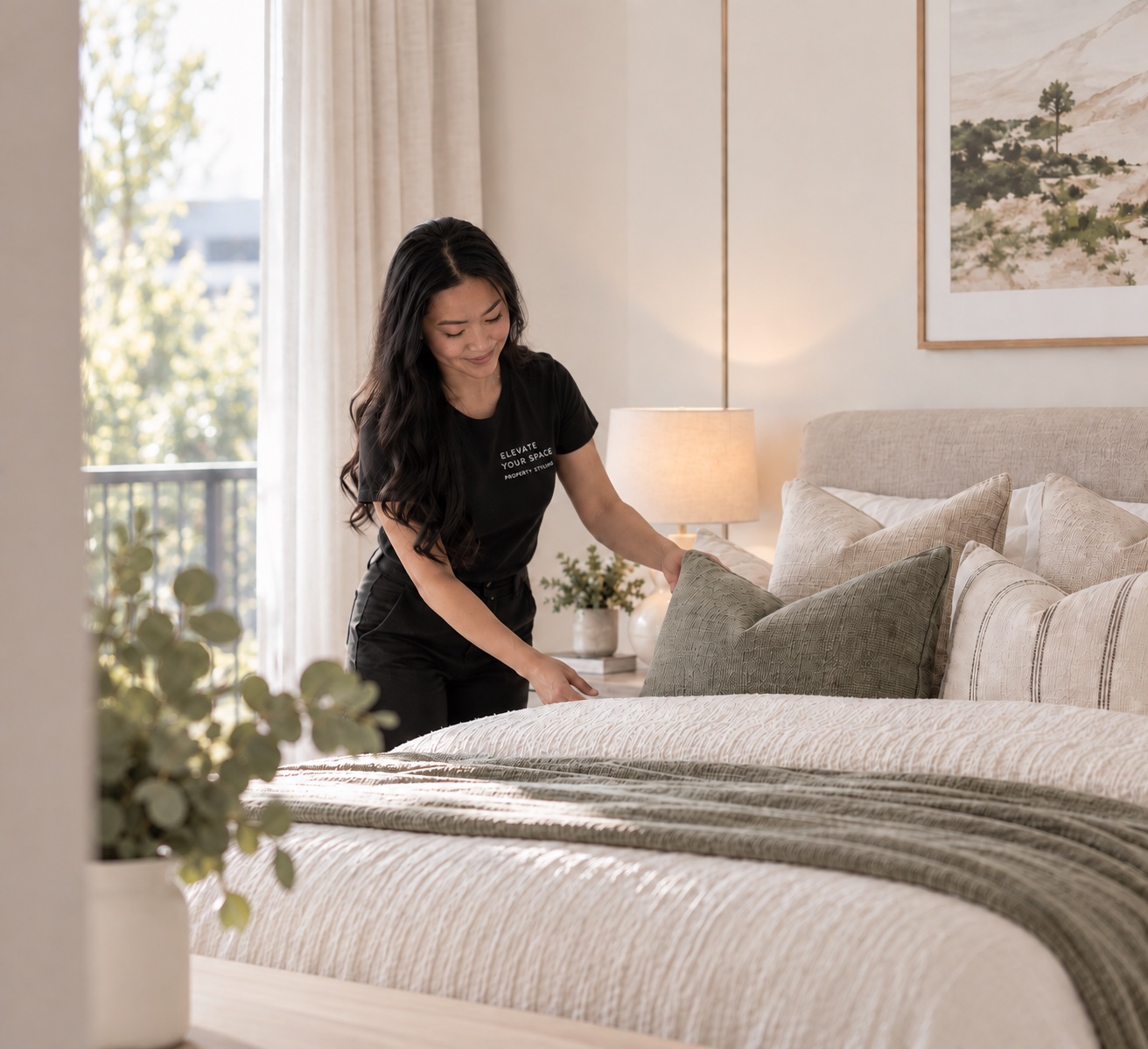 Sue Loh, owner of Elevate Your Space, arranging cushions in a staged bedroom