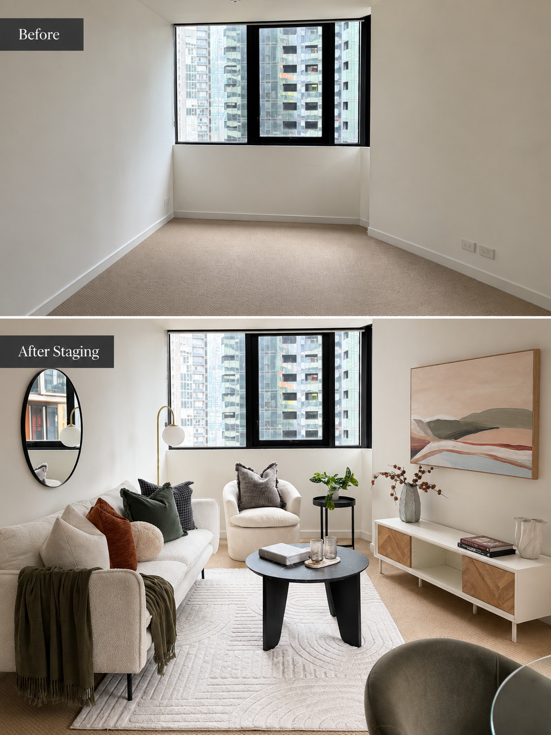 Before and after: empty living room transformed with furniture and accessories for a property sale