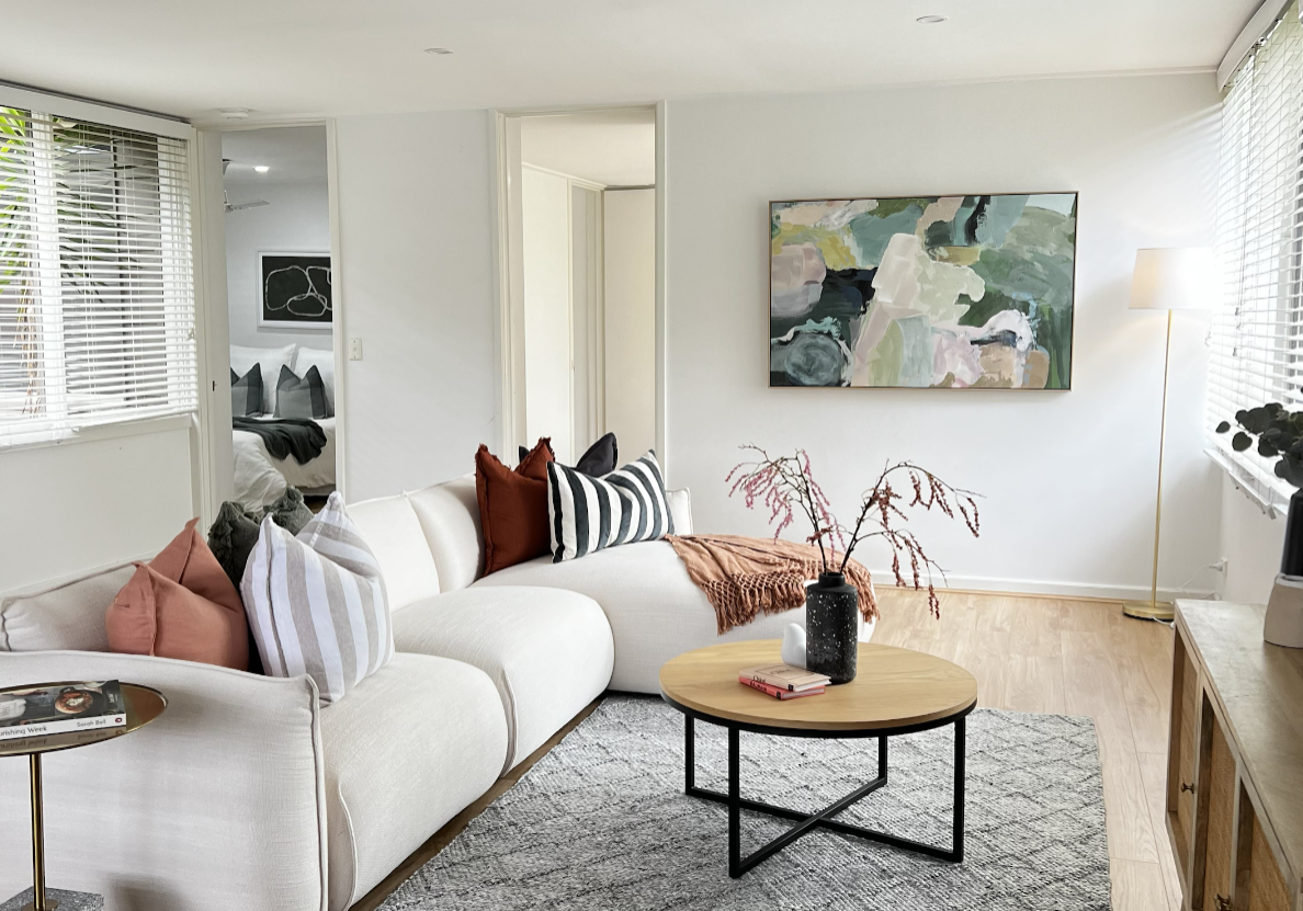 Professionally styled living room showcasing Property Staging Melbourne with modern furniture and décor designed to attract buyers